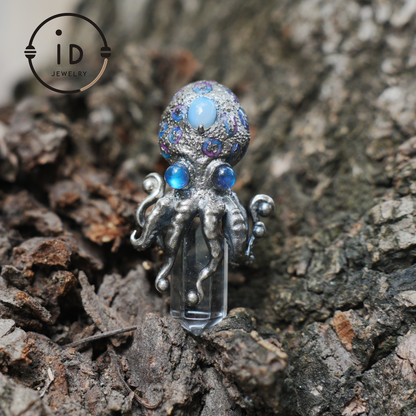 Octopus Pendant with Crystal in 925 Sterling Silver, Handcrafted Gothic Totem Jewelry with Natural Stone, Fantasy Necklace Gift