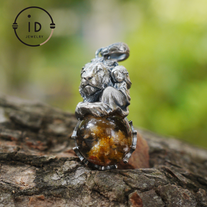 Totem Pendant in 925 Sterling Silver with Lion and Girl Figure, Handmade Talisman with Phantom Quartz Stone, Unique Gift for Men