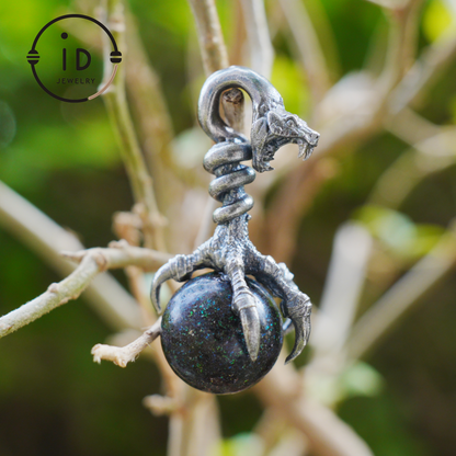 Gothic Dragon Claw Pendant with Opal Stone, Oxidized Silver Jewelry, Mystical Talisman for Men, Birthday Gift Idea