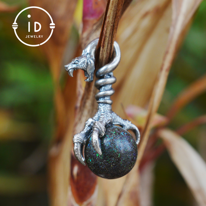 Gothic Dragon Claw Pendant with Opal Stone, Oxidized Silver Jewelry, Mystical Talisman for Men, Birthday Gift Idea