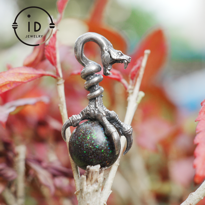 Gothic Dragon Claw Pendant with Opal Stone, Oxidized Silver Jewelry, Mystical Talisman for Men, Birthday Gift Idea