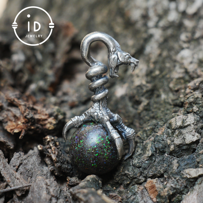 Gothic Dragon Claw Pendant with Opal Stone, Oxidized Silver Jewelry, Mystical Talisman for Men, Birthday Gift Idea
