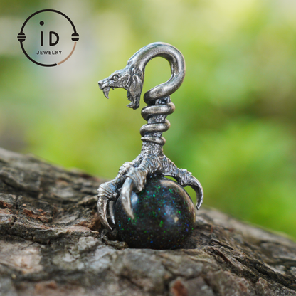 Gothic Dragon Claw Pendant with Opal Stone, Oxidized Silver Jewelry, Mystical Talisman for Men, Birthday Gift Idea