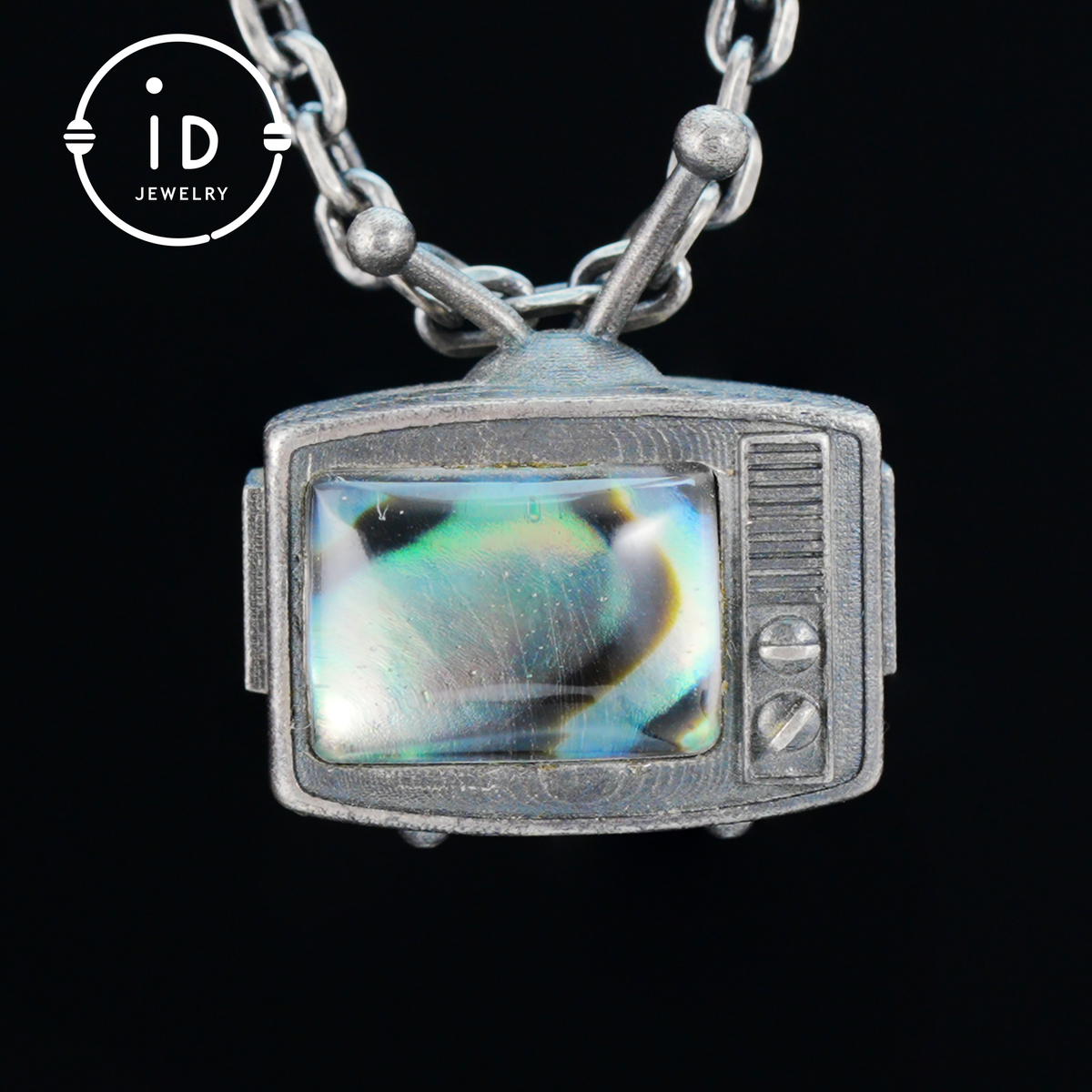 Abalone Shell Pendant Necklace in 925 Sterling Silver, Vintage TV Design, Oxidized Talisman Jewelry for Everyday Retro Gift for Her or Him