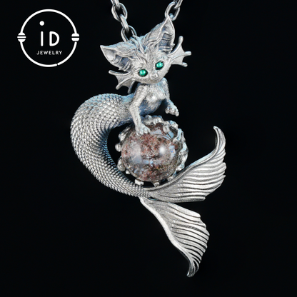 Mermaid Cat Pendant with Phantom Quartz in Oxidized 925 Silver, Fantasy Vintage Jewelry Gift for Her, Mystical Animal Necklace