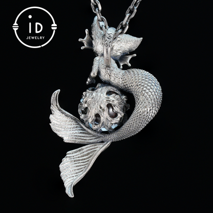 Mermaid Cat Pendant with Phantom Quartz in Oxidized 925 Silver, Fantasy Vintage Jewelry Gift for Her, Mystical Animal Necklace