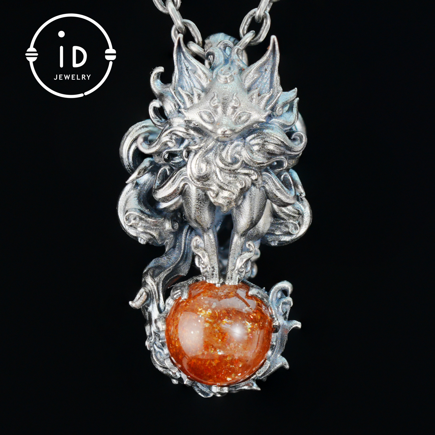 Animal Pendant with Sunstone in 925 Sterling Silver, Oxidized Gothic Fantasy Necklace Pendant, Handmade Jewelry Gift for Him