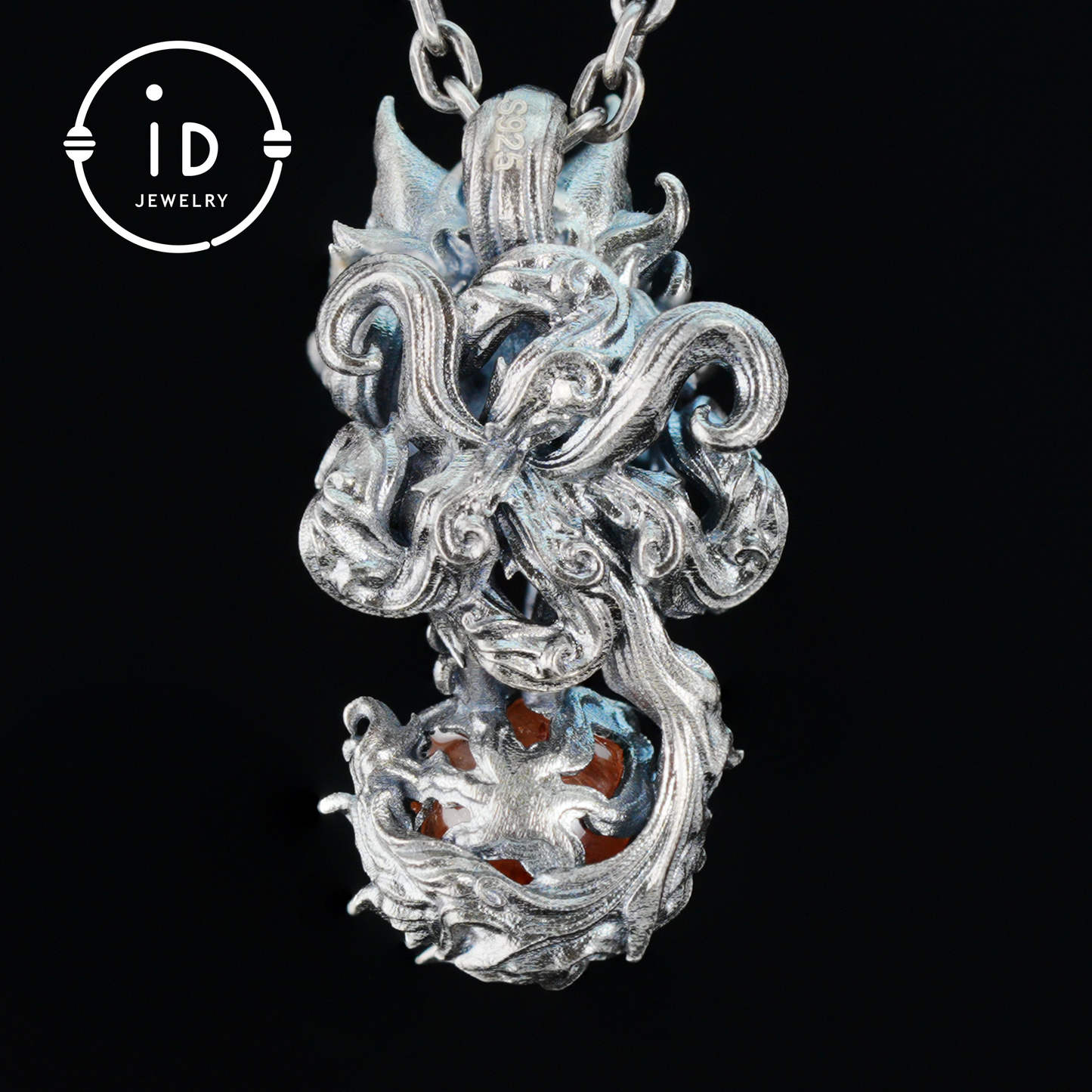 Animal Pendant with Sunstone in 925 Sterling Silver, Oxidized Gothic Fantasy Necklace Pendant, Handmade Jewelry Gift for Him