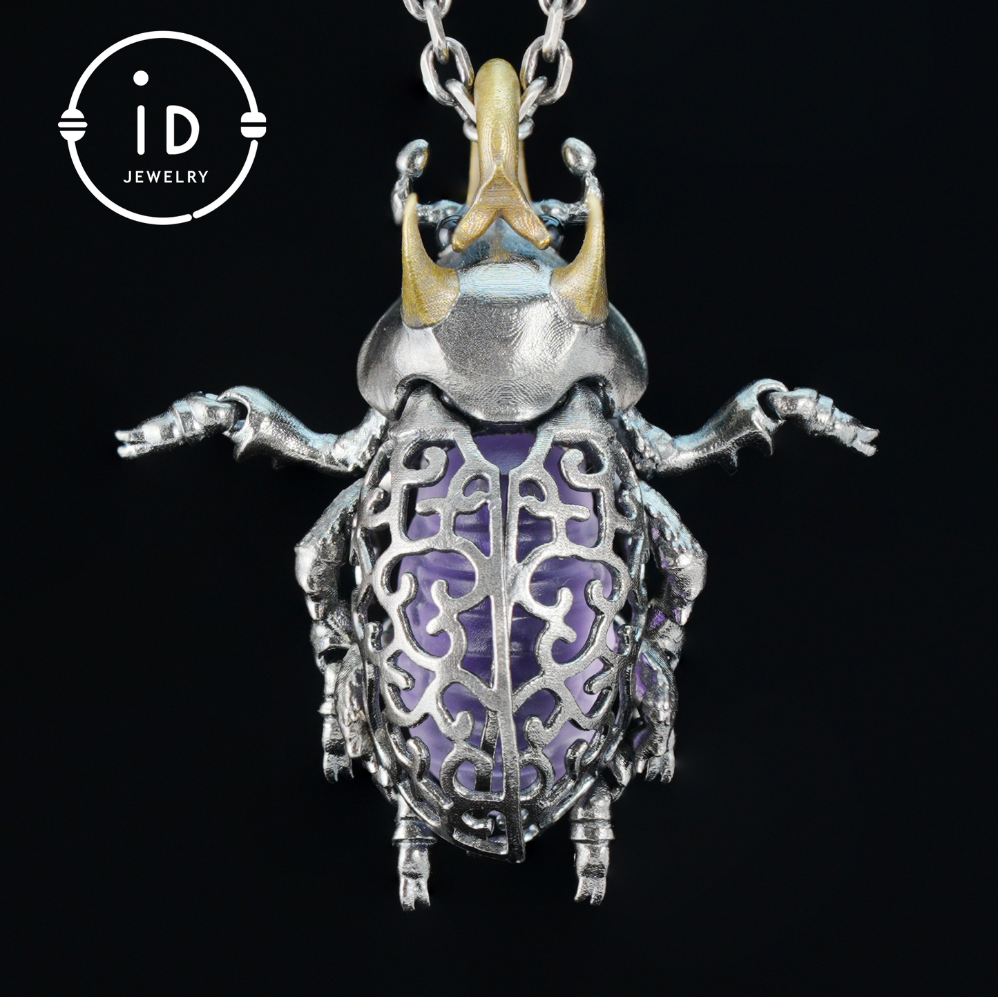 Gothic Amethyst Pendant with Movable Wings and Legs, Insect Jewelry in 925 Silver, Vintage Totem Necklace Gift for Her