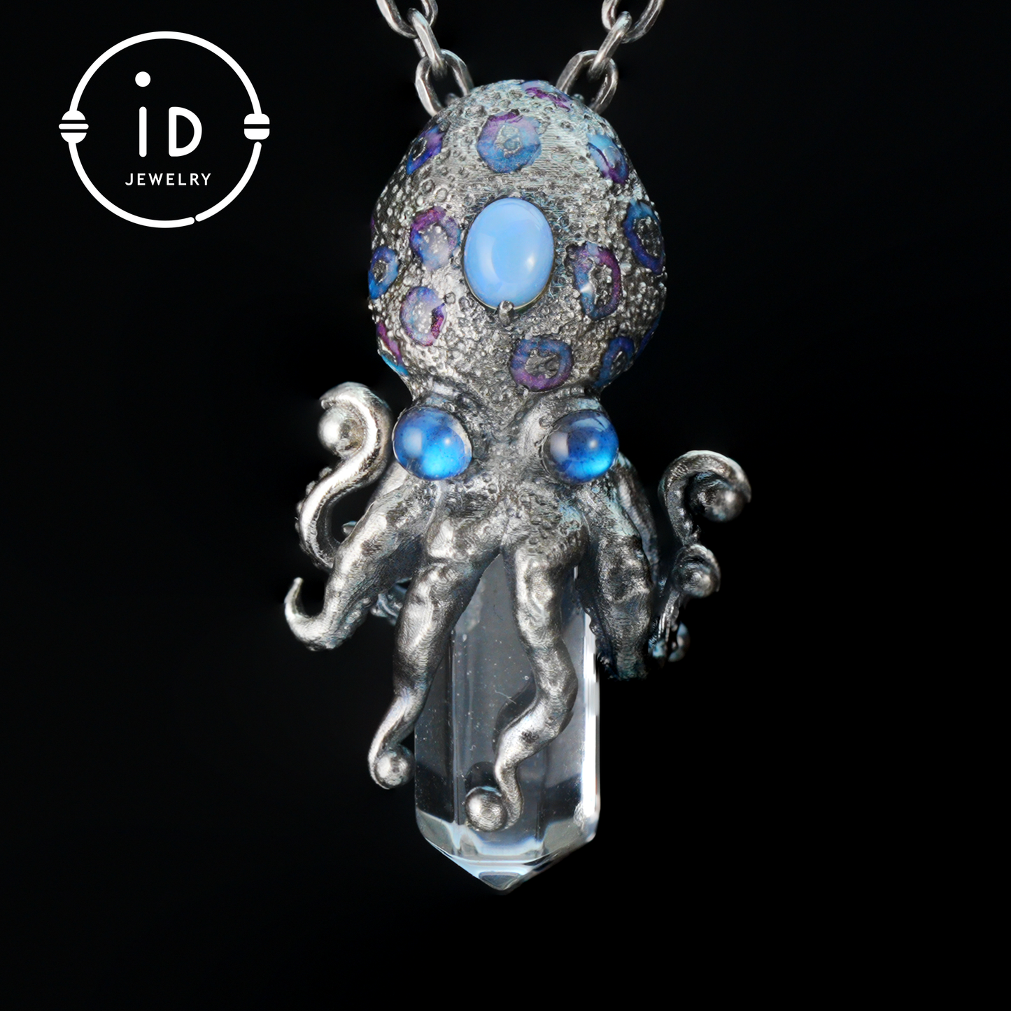 Octopus Pendant with Crystal in 925 Sterling Silver, Handcrafted Gothic Totem Jewelry with Natural Stone, Fantasy Necklace Gift