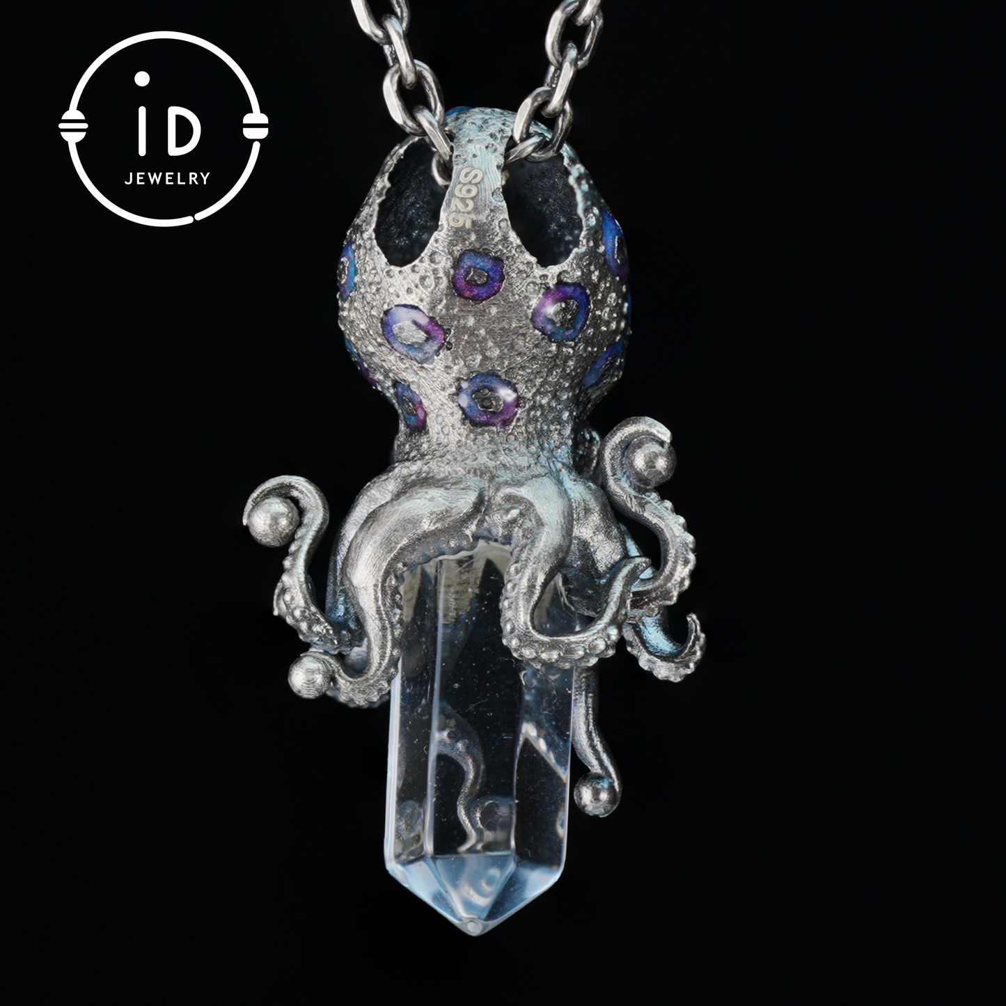 Octopus Pendant with Crystal in 925 Sterling Silver, Handcrafted Gothic Totem Jewelry with Natural Stone, Fantasy Necklace Gift