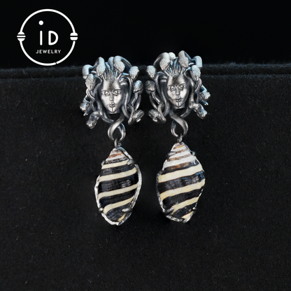 Medusa Earrings with Garnet Drop in Oxidized 925 Sterling Silver, Gothic Vintage Jewelry for Women, Christmas Gift Idea