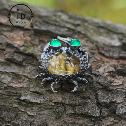 Crab Pendant in 925 Sterling Silver with Rock Crystal and Green Chalcedony, Oxidized Vintage Finish, Fairy Jewelry, Gift for Her