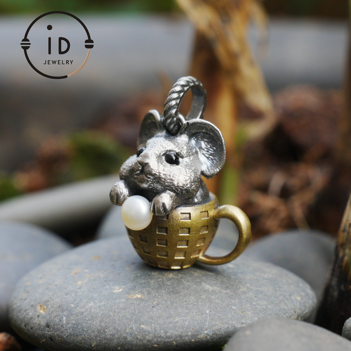 Mouse Pendant in 925 Sterling Silver with Freshwater Pearl, Oxidized Vintage Animal Necklace in Fairy Style, Handmade Jewelry Gift for Her