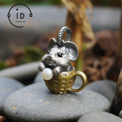 Mouse Pendant in 925 Sterling Silver with Freshwater Pearl, Oxidized Vintage Animal Necklace in Fairy Style, Handmade Jewelry Gift for Her