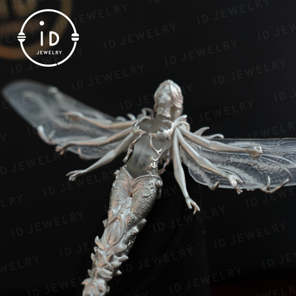 Mysterious dragonfly fairy| handmade fantasy art jewelry| elegant wing design| white crystal fairy brooch pendant two in one| mythical style gift