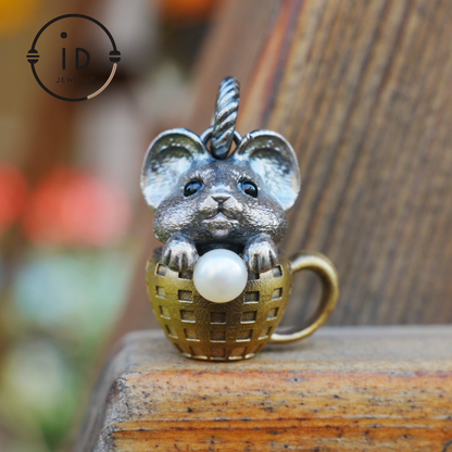 Mouse Pendant in 925 Sterling Silver with Freshwater Pearl, Oxidized Vintage Animal Necklace in Fairy Style, Handmade Jewelry Gift for Her