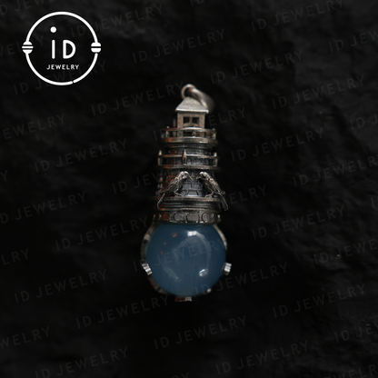 Handmade Lighthouse Pendant | Gothic Amulet with Aquamarine | Mystic Ravens | Magical Protection Jewelry | Vintage Fantasy Style