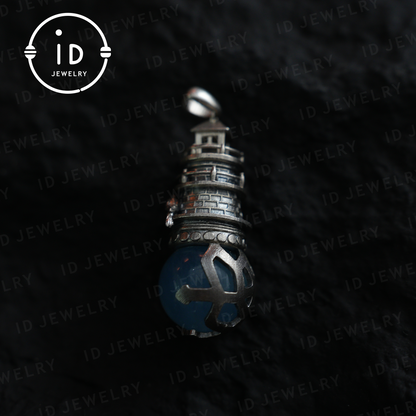 Handmade Lighthouse Pendant | Gothic Amulet with Aquamarine | Mystic Ravens | Magical Protection Jewelry | Vintage Fantasy Style
