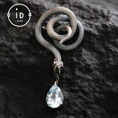 Handmade Snake Brooch with Aquamarine | Mystical Symbol | Vintage Fantasy Jewelry