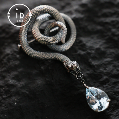 Handmade Snake Brooch with Aquamarine | Mystical Symbol | Vintage Fantasy Jewelry
