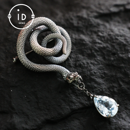 Handmade Snake Brooch with Aquamarine | Mystical Symbol | Vintage Fantasy Jewelry