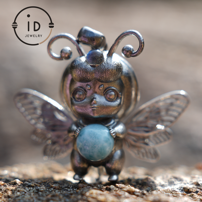 Little Bee Fairy Pendant – Handcrafted 925 Silver, Larimar Stone, Art Nouveau, Recycled Jewelry