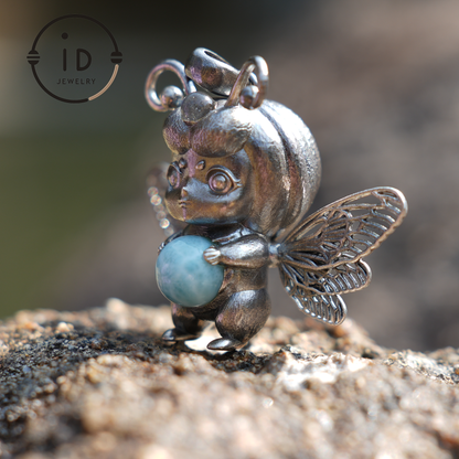 Little Bee Fairy Pendant – Handcrafted 925 Silver, Larimar Stone, Art Nouveau, Recycled Jewelry