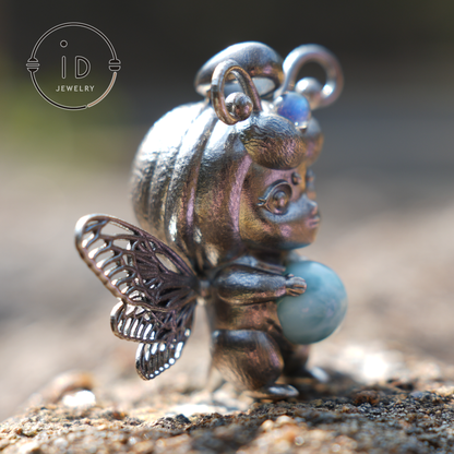 Little Bee Fairy Pendant – Handcrafted 925 Silver, Larimar Stone, Art Nouveau, Recycled Jewelry
