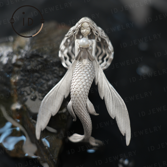 Perlenanhänger „Fliegendes Fischmädchen“ | Fantasy-Ozeanamulett als Geschenk | Symbol für Freiheit und Anmut | Handgefertigter Silberschmuck 