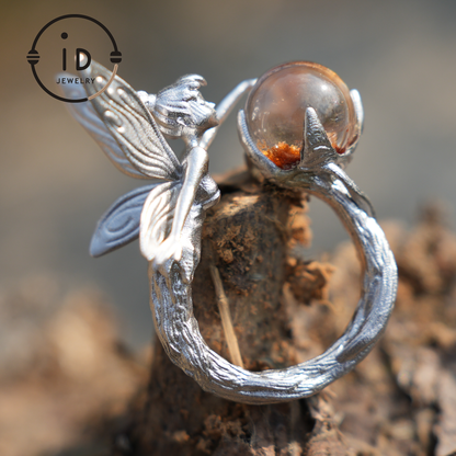 925 Silber Waldelfenring mit natürlichem Phantomquarz – Handgefertigter Fantasy-Ring für Naturliebhaber