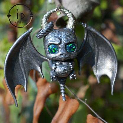 925 Silver Bat Pendant with Opal - Handcrafted Gothic Jewelry, Fantasy Pendant, Unique Gothic Necklace for Halloween & Gothic Lovers
