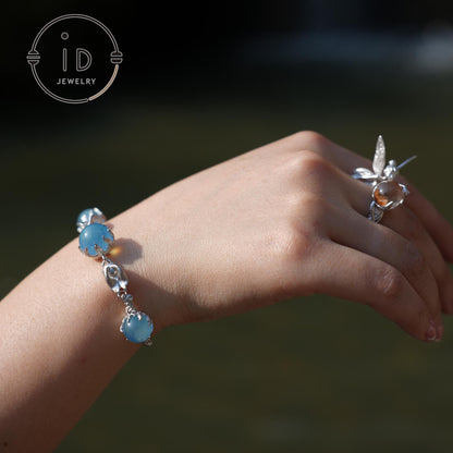 Kaninchen-Armband aus 925er Sterlingsilber mit Aquamarin – handgefertigter, eleganter Schmuck, perfektes Geschenk für besondere Anlässe