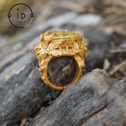 Geflügelter Ritterring – 18 Karat Gold mit gelbem Citrin und Rubin – Fantasy-inspirierter Schmuck
