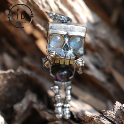 Mechanical Skull Pendant | S925 Silver with Labradorite | Unique Gothic Jewelry