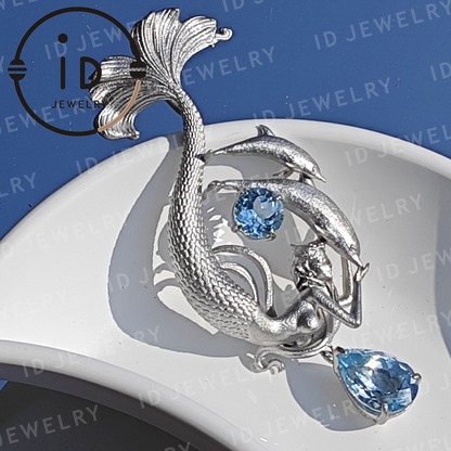 Dreamy Ocean Mermaid Pendant - 925 Silver with Aquamarine | Handcrafted Fantasy Jewelry