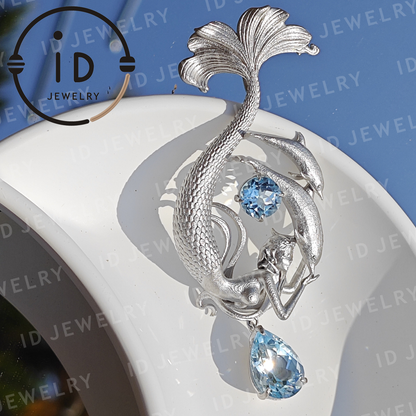 Dreamy Ocean Mermaid Pendant - 925 Silver with Aquamarine | Handcrafted Fantasy Jewelry