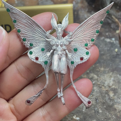 Handcrafted pendant with chrysoprase and red agate, matte 925 silver, gothic figurative design, mystical style, gift for her