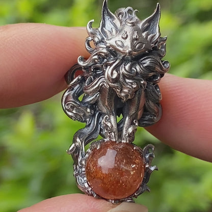 Animal Pendant with Sunstone in 925 Sterling Silver, Oxidized Gothic Fantasy Necklace Pendant, Handmade Jewelry Gift for Him