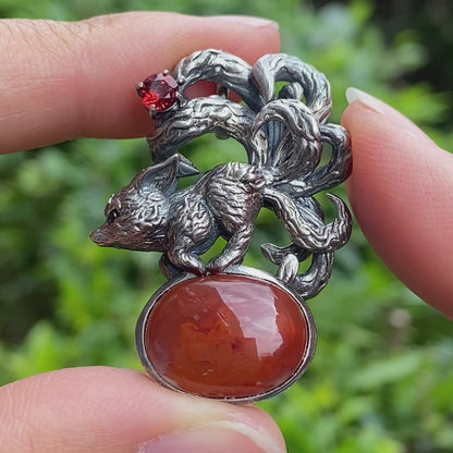 Red Agate Garnet Fox Pendant in Oxidized 925 Silver Necklace Gothic Totem Jewelry Mystic Animal Talisman Gift for Her Birthday or Christmas