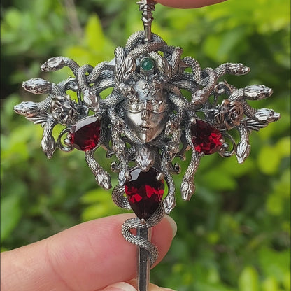 Handmade Gothic Pendant with Snake Head, Garnet & Green Chrysoprase, Oxidized 925 Silver, Vintage Style Gift for Her