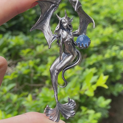 Silver Pendant with Ocean Blue Stone, Gothic Capricorn Necklace, Fantasy Jewelry for Women, Unique Gift Birthday Astrology