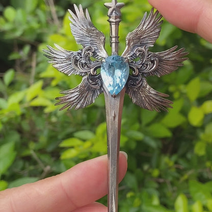 Handmade brooch & pendant with Swiss Blue Topaz, sword-wing design, oxidized 925 silver, gothic style, gift for her