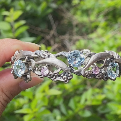Blue Topaz Dolphin Cuff Bracelet in 925 Sterling Silver, Vintage Totem Style Nature Jewelry Gift for Her, Birthday or Ocean Inspired Look