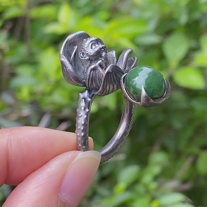 Adjustable silver ring with green jade cabochon, 925 sterling silver, gothic totem style, statement jewelry, gift for her