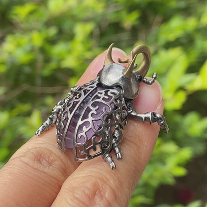 Gothic Amethyst Pendant with Movable Wings and Legs, Insect Jewelry in 925 Silver, Vintage Totem Necklace Gift for Her