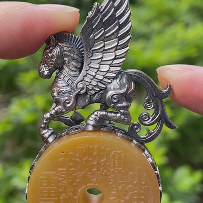 925 Silver Winged Horse Pendant with Yellow Jade and Chinese Calligraphy, Unique Chinese Design, Symbol of Freedom, Perfect Gift for Her
