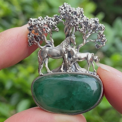 S925 Sterling Silver Pendant with Mare and Foal on African Green Stone, Fairy Talisman Necklace Vintage Gift for Her Birthday