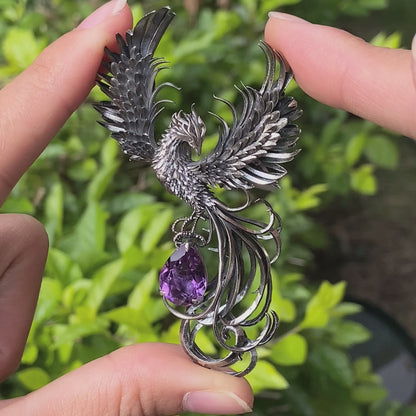 Gothic Pendant in 925 Silver with Amethyst Gemstone, Oxidized Vintage Design, Unisex Silver Necklace, Statement Jewelry as Birthday Gift