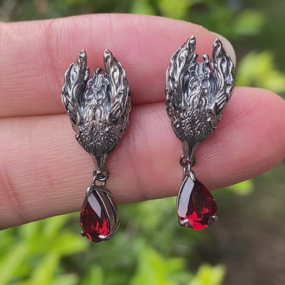 Fox Jewelry Set in Oxidized 925 Silver with Red Garnet – Gothic Earrings & Ring – Mystical Animal Jewelry in Fantasy Style Gift